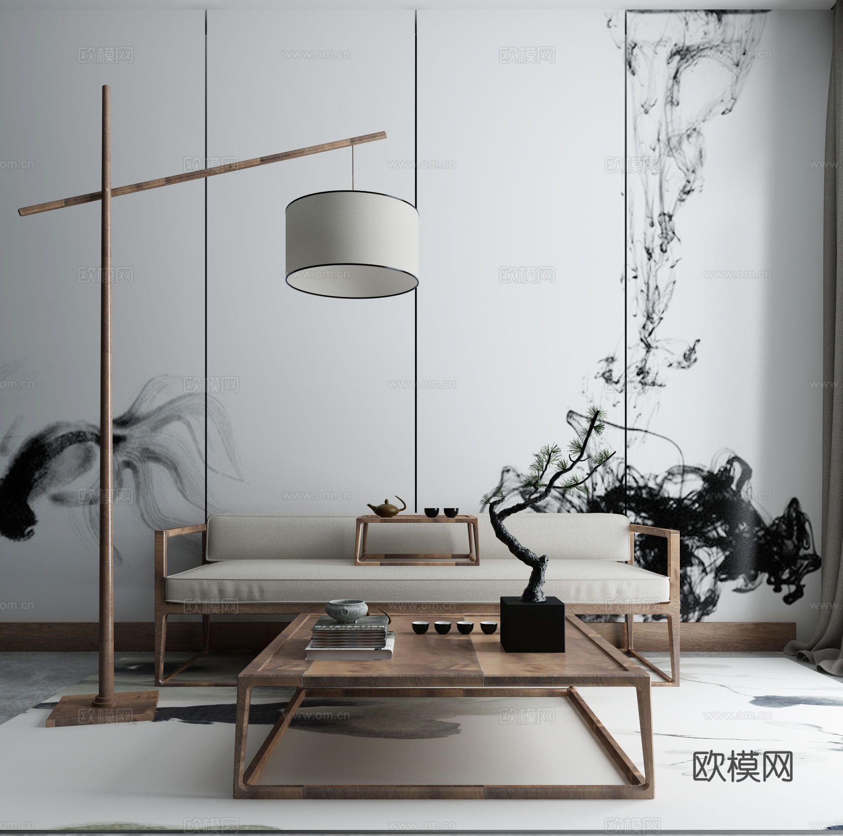 中式茶几沙发组合3d模型下载（渲染图2）