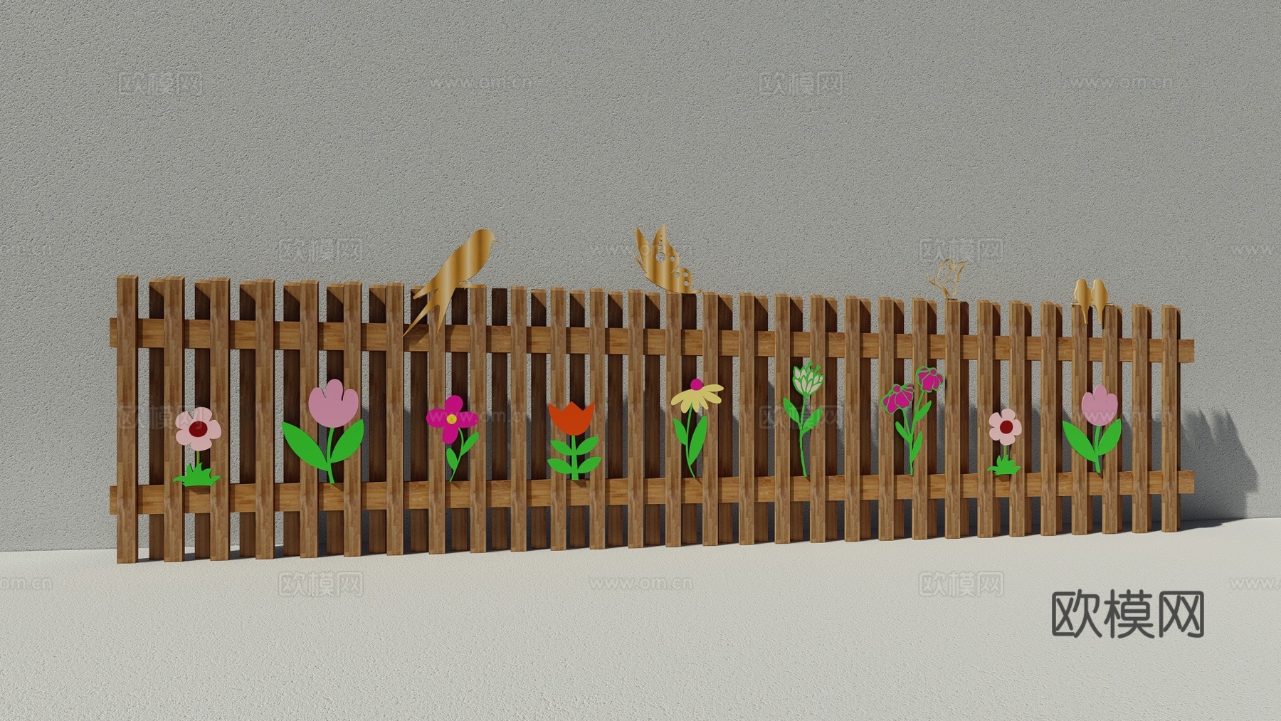现代生态户外花园卡通木质栏杆动物围栏护栏彩色花朵儿童创意栅栏su模型