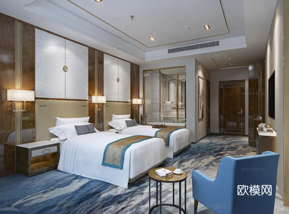 商务酒店高端双床客房 现代轻奢设计风格 木质金属装饰元素免费3d模型