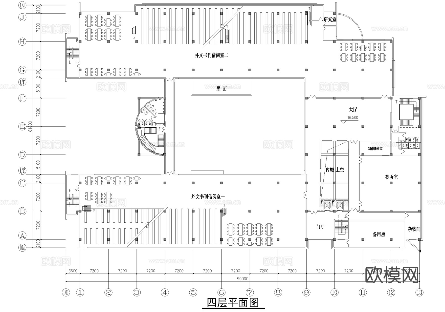 四层大学图书馆建筑平面图cad施工图