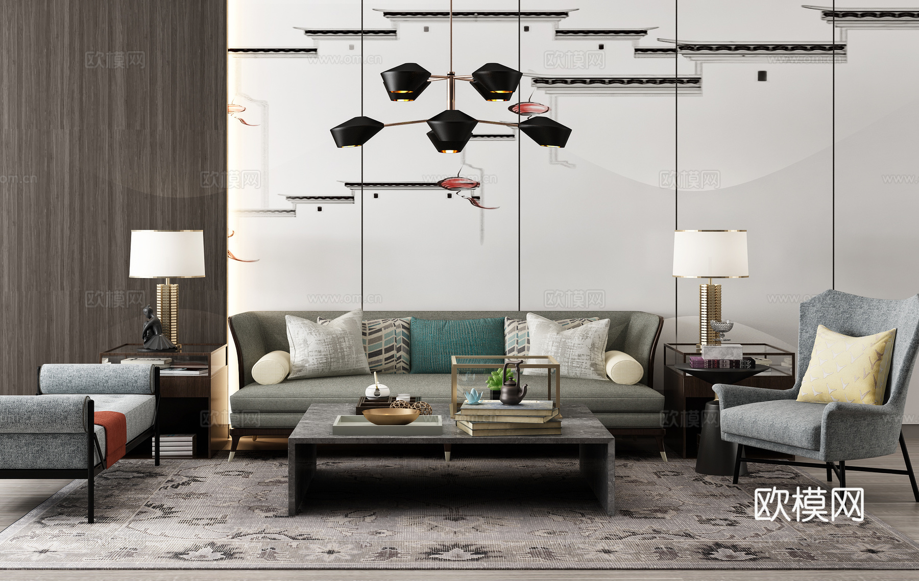 新中式沙发茶几吊灯组合3d模型下载（渲染图1）