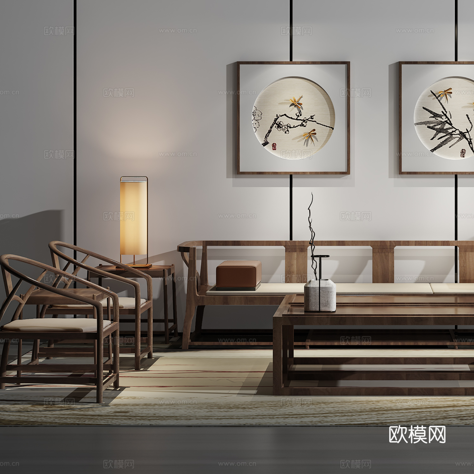 现代沙发茶几壁画组合3d模型下载（渲染图3）