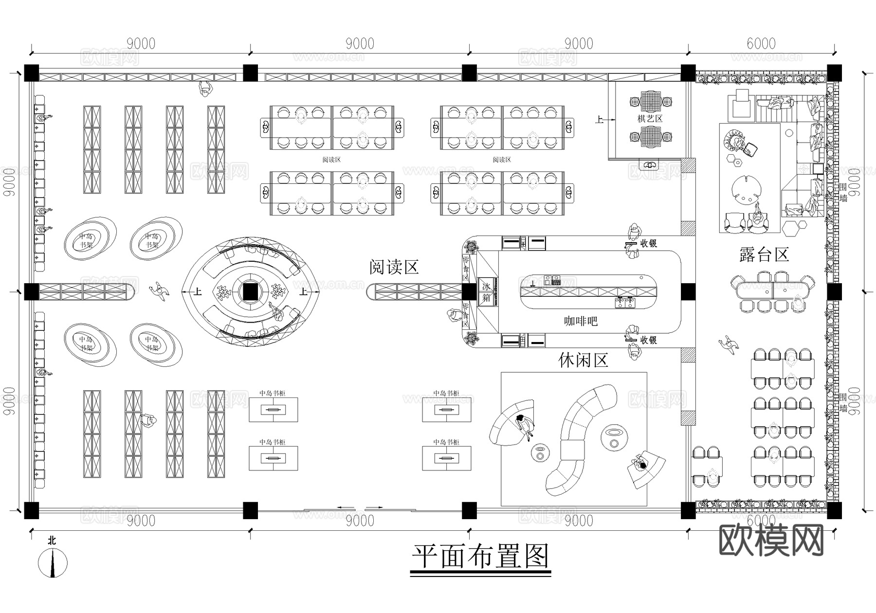 咖啡书吧书店平面图图书馆阅览室cad施工图