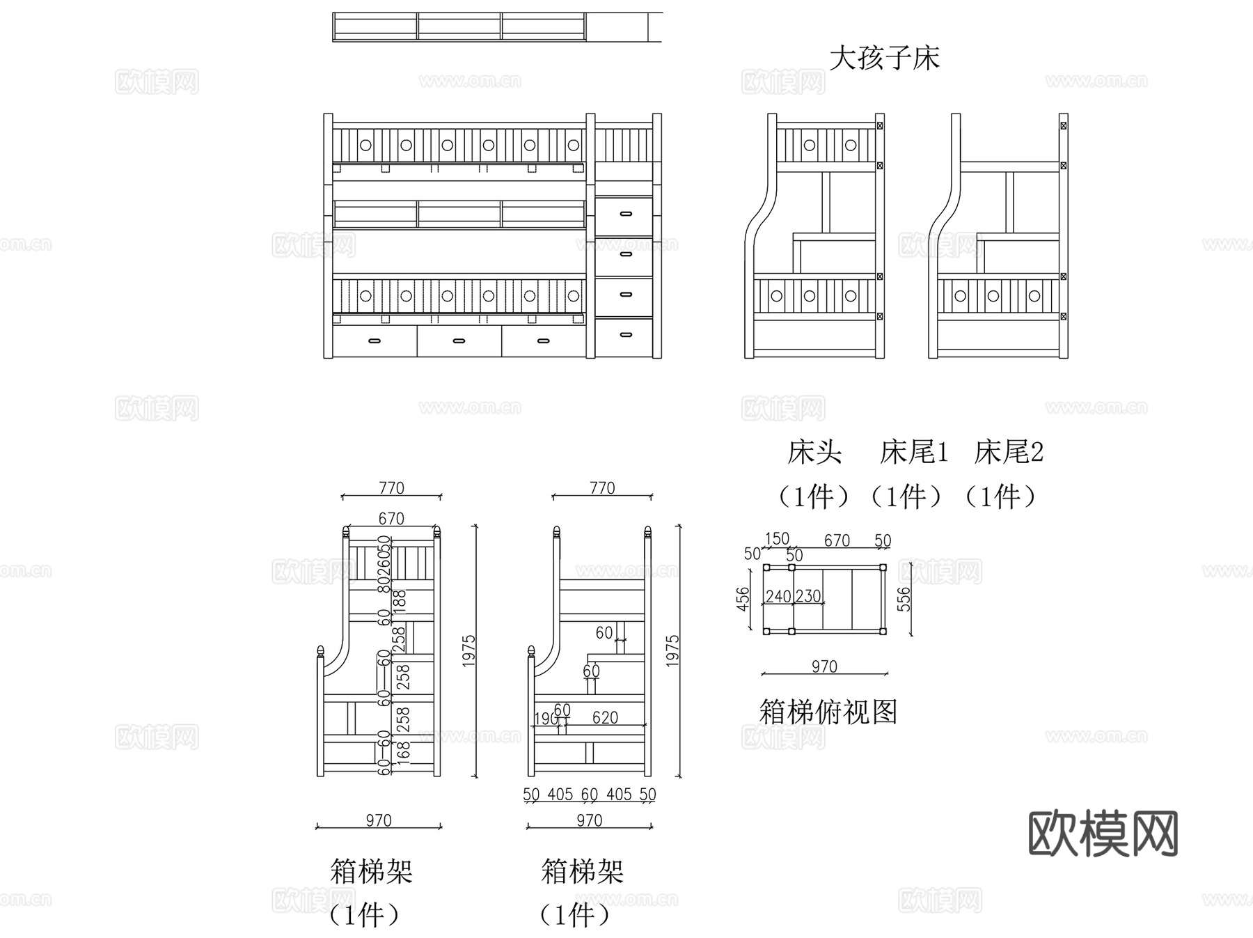 上下铺上下床室内家具节点大样CAD施工详图集 7套cad施工图
