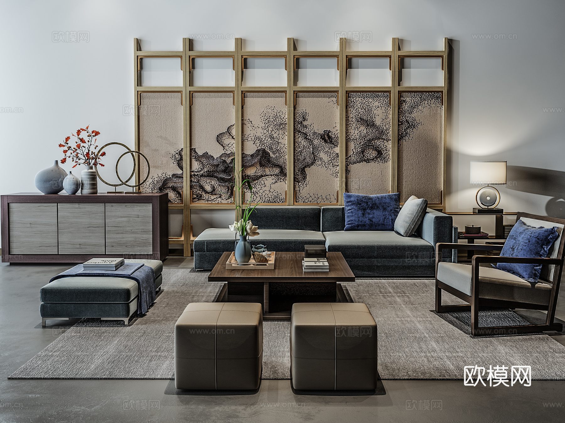 现代沙发茶几 壁画组合 屏风3d模型下载（渲染图1）