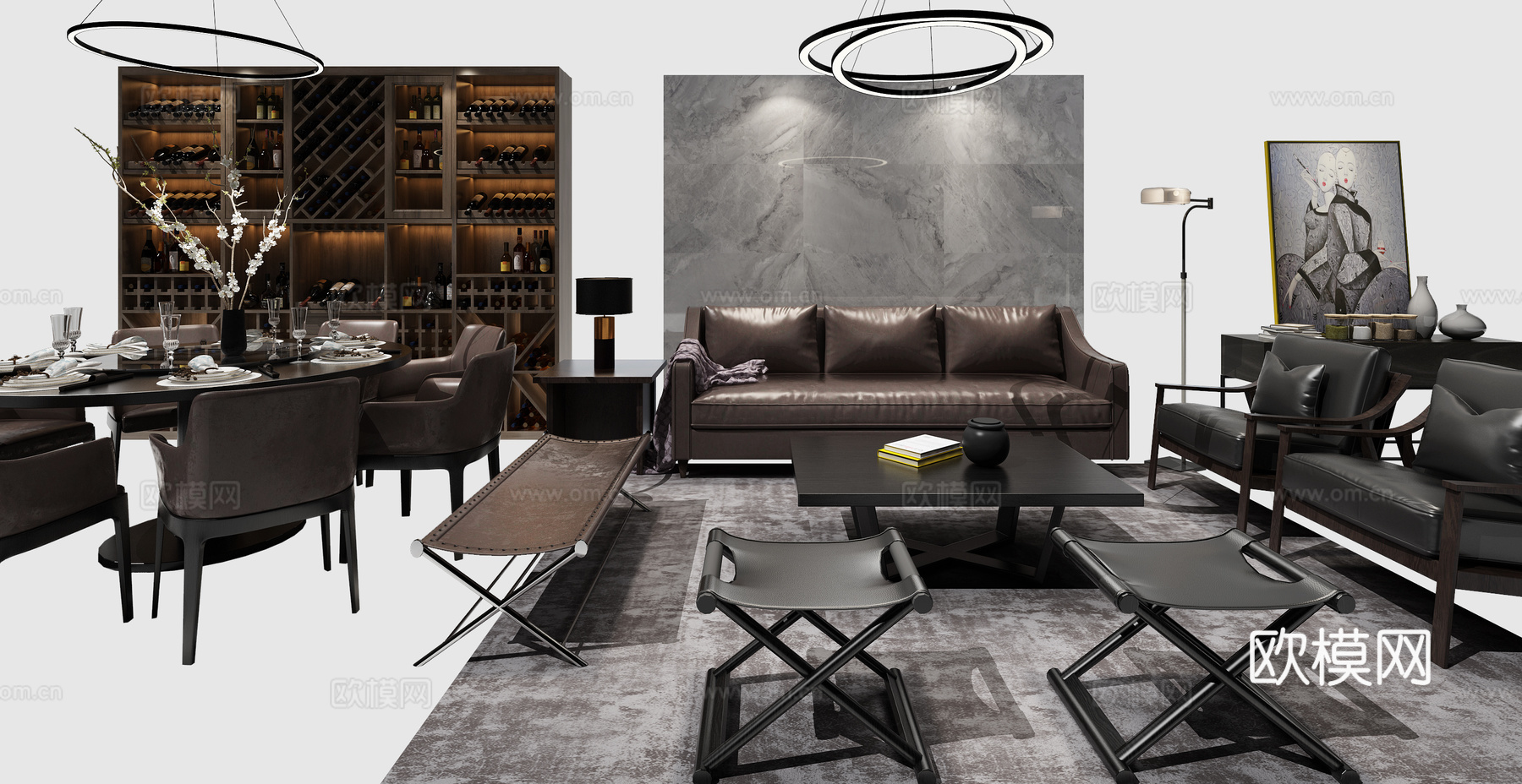 新现代沙发餐桌组合 吊灯 橱柜3d模型下载（渲染图2）