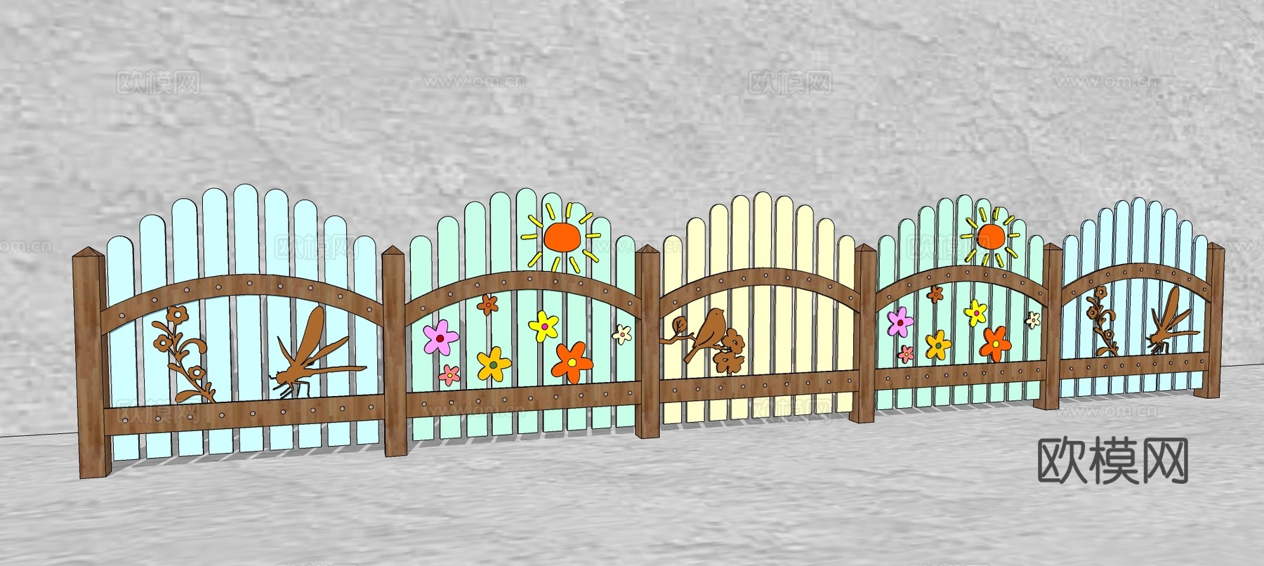 现代生态户外花园卡通木质栏杆动物围栏护栏彩色花朵儿童创意栅栏su模型