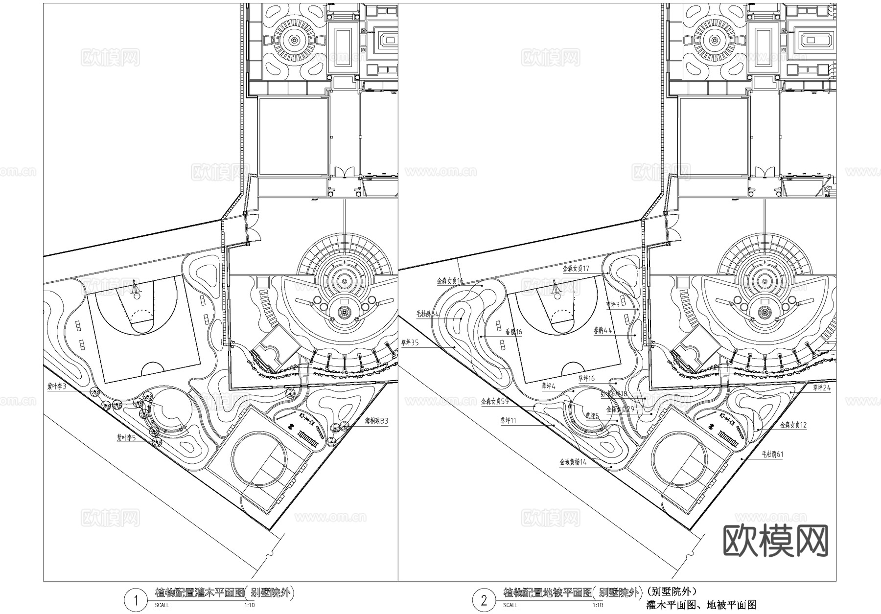别墅庭院景观植物种植配置平面图CAD施工图cad施工图