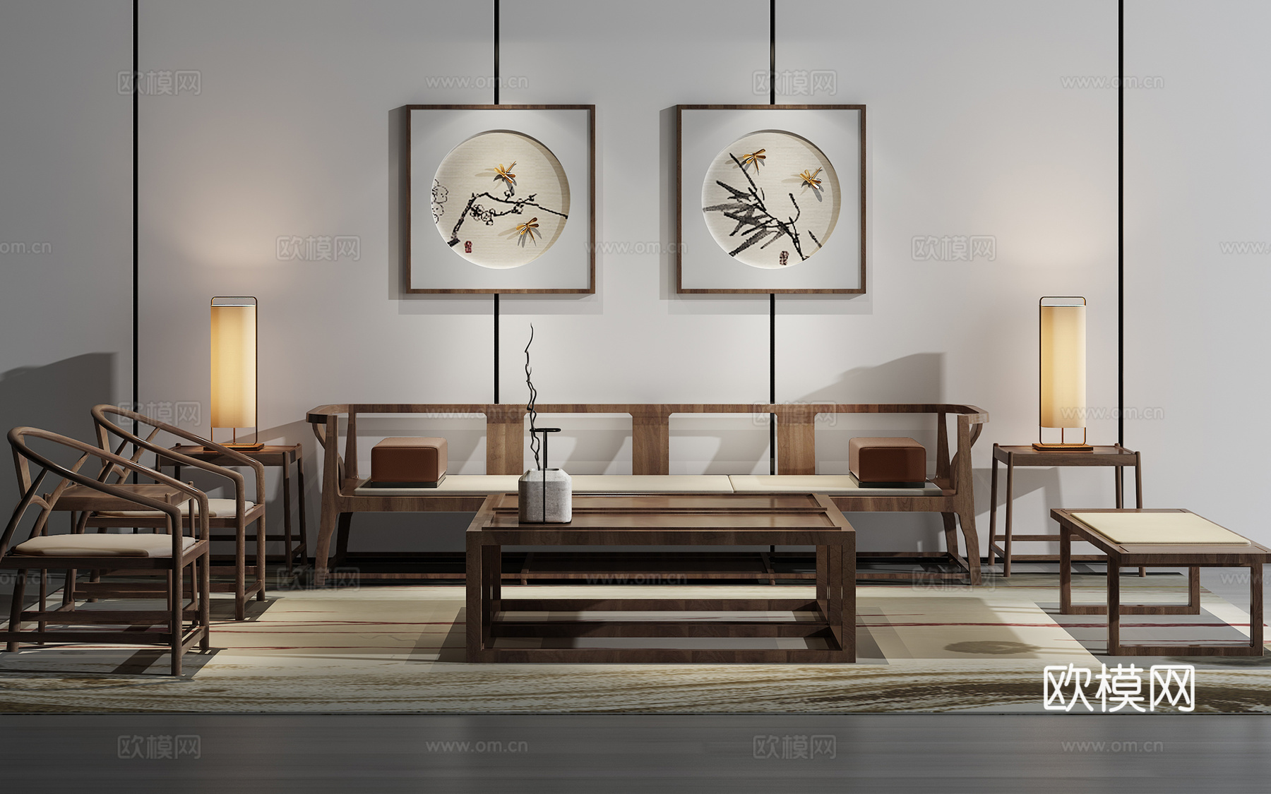 现代沙发茶几壁画组合3d模型下载（渲染图1）