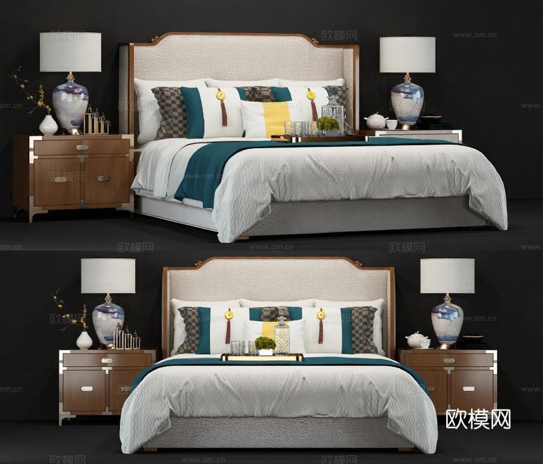 现代奢华布艺软包床具卧室家具 浅灰青绿撞色卧室设计 对称床头柜台灯装饰 卧室家具搭配3D模型展示免费3d模型下载