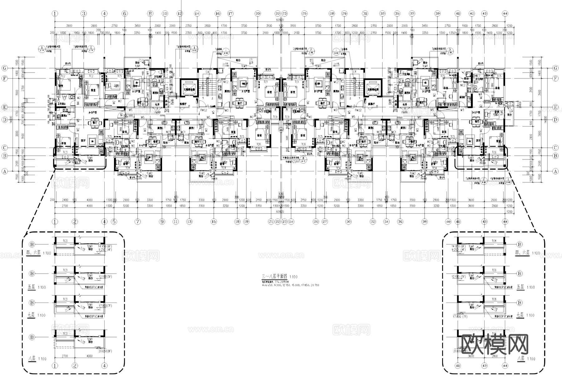 一梯五户住宅建筑平面户型图CAD施工图cad施工图