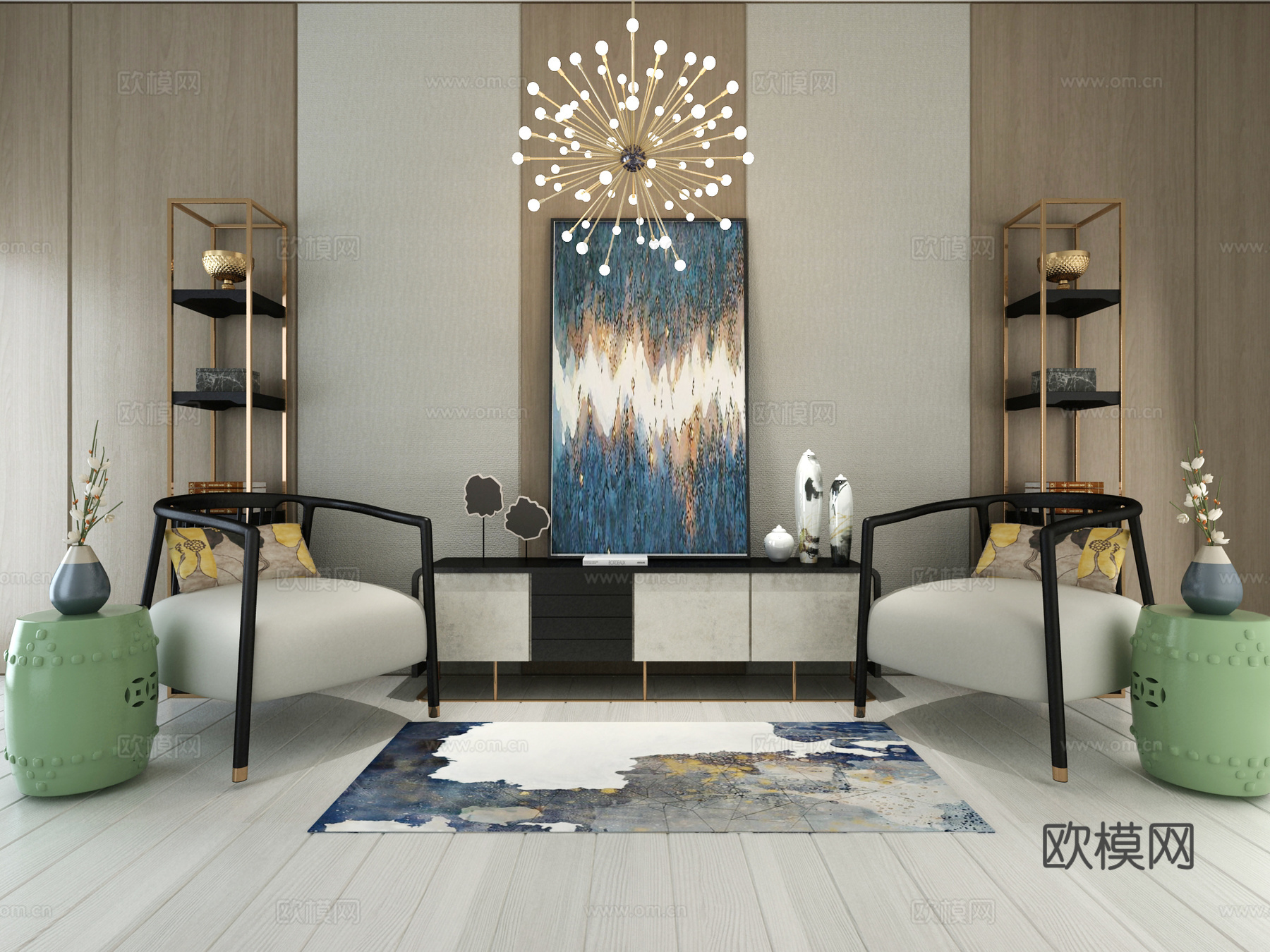新中式沙发茶几组合3d模型下载（渲染图1）