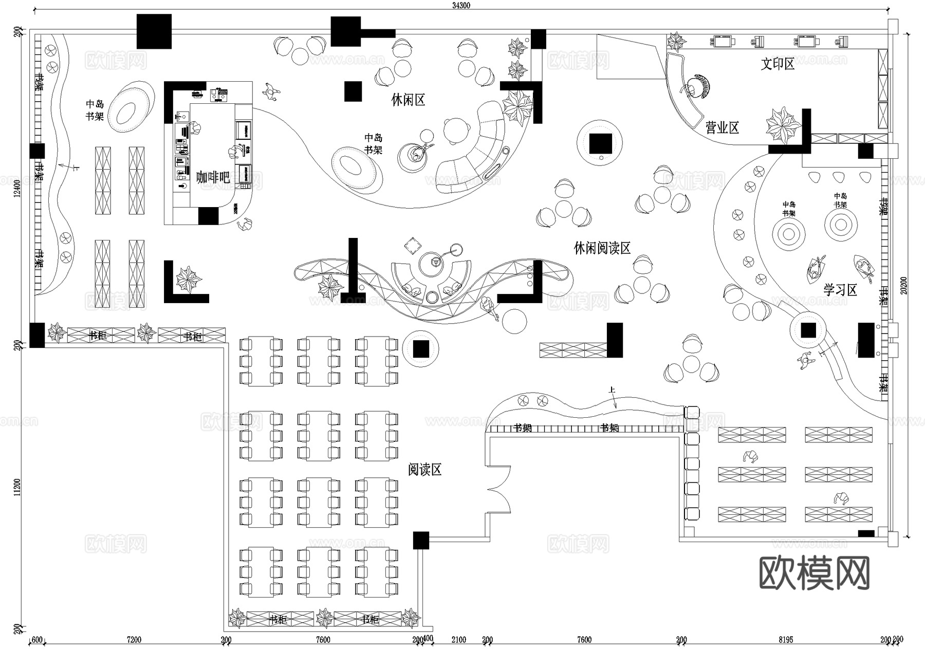 书店咖啡书吧平面图天花图休闲阅览室图书馆cad施工图