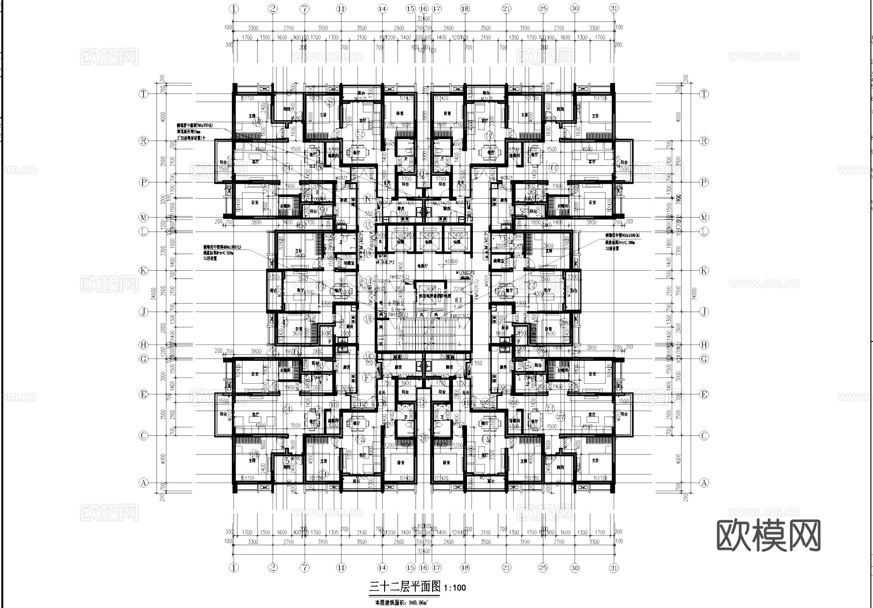 高层四梯十户二室二厅一卫中筒式住宅建筑CAD施工图集cad施工图