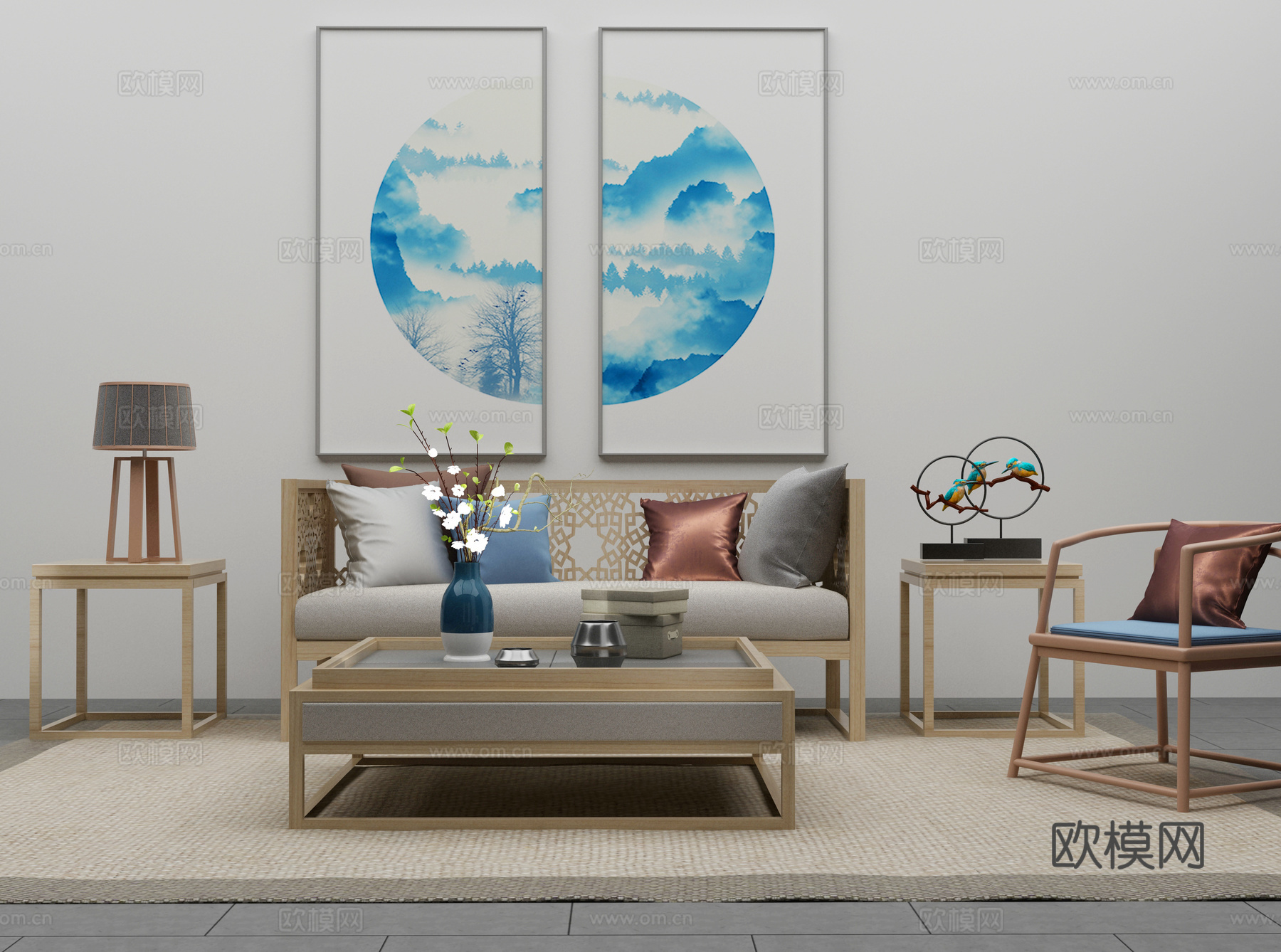 传统中式沙发茶几组合3d模型下载（渲染图1）