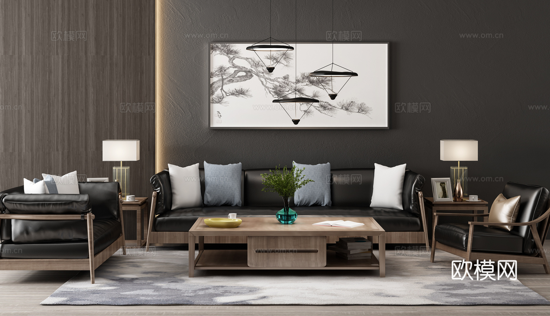 中式沙发茶几吊灯挂画组合3d模型下载（渲染图1）