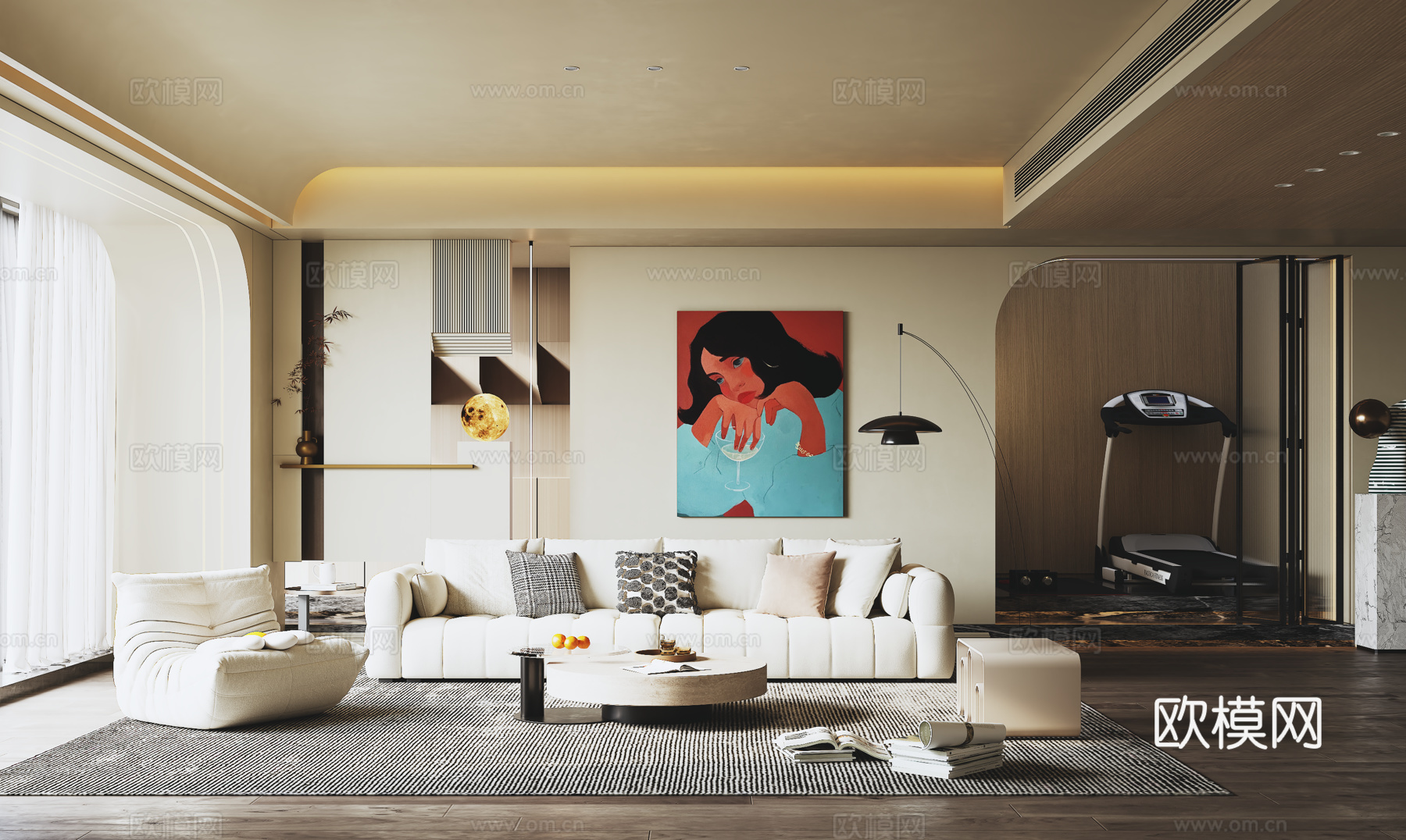 现代奶油风客厅 沙发背景墙 沙发茶几组合 跑步机su模型