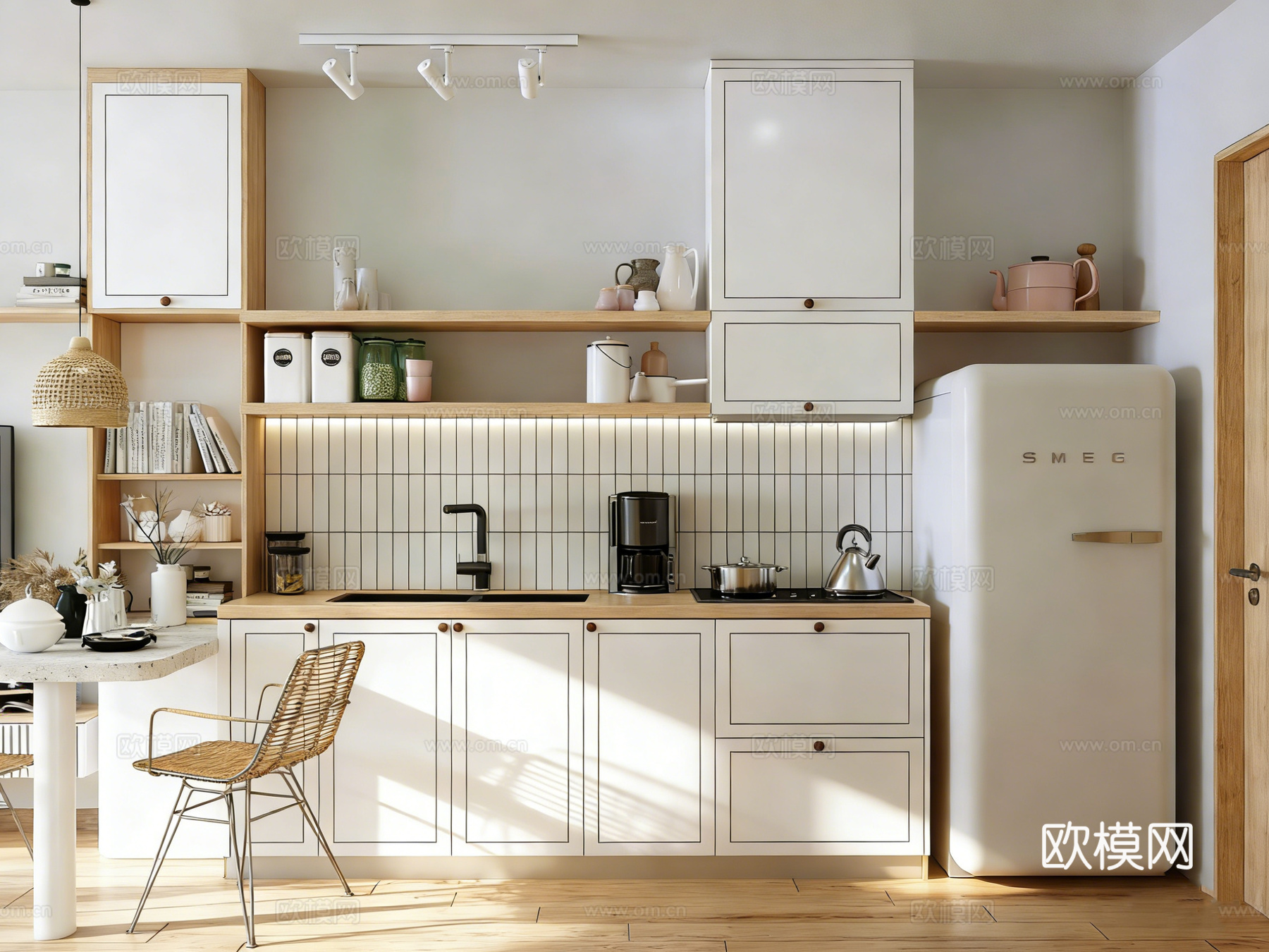 北欧简约风公寓 民宿出租屋 三室两厅 客餐厨卧 藤编家具3d模型下载（渲染图2）