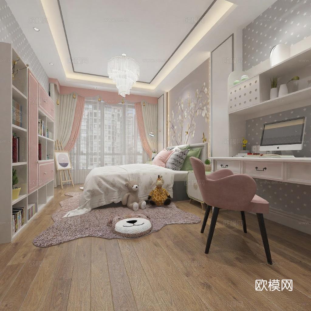 儿童房设计 粉色灰色调卧室装修 3D渲染家居案例 童趣学习空间设计 多功能收纳儿童卧室免费3d模型下载