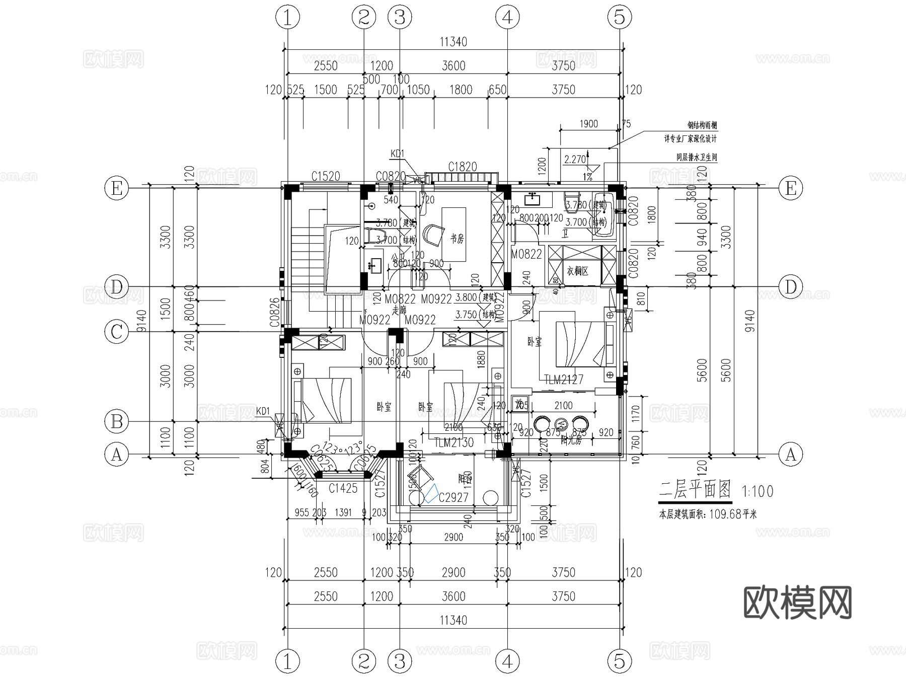 简欧乡村二层独栋别墅自建房建筑CAD施工图cad施工图