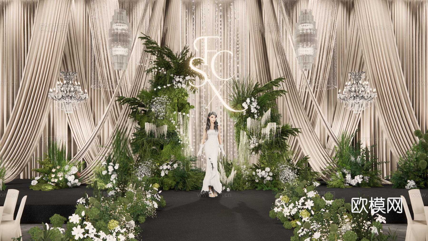 高层次香槟色布幔造型自然系婚礼美陈su模型