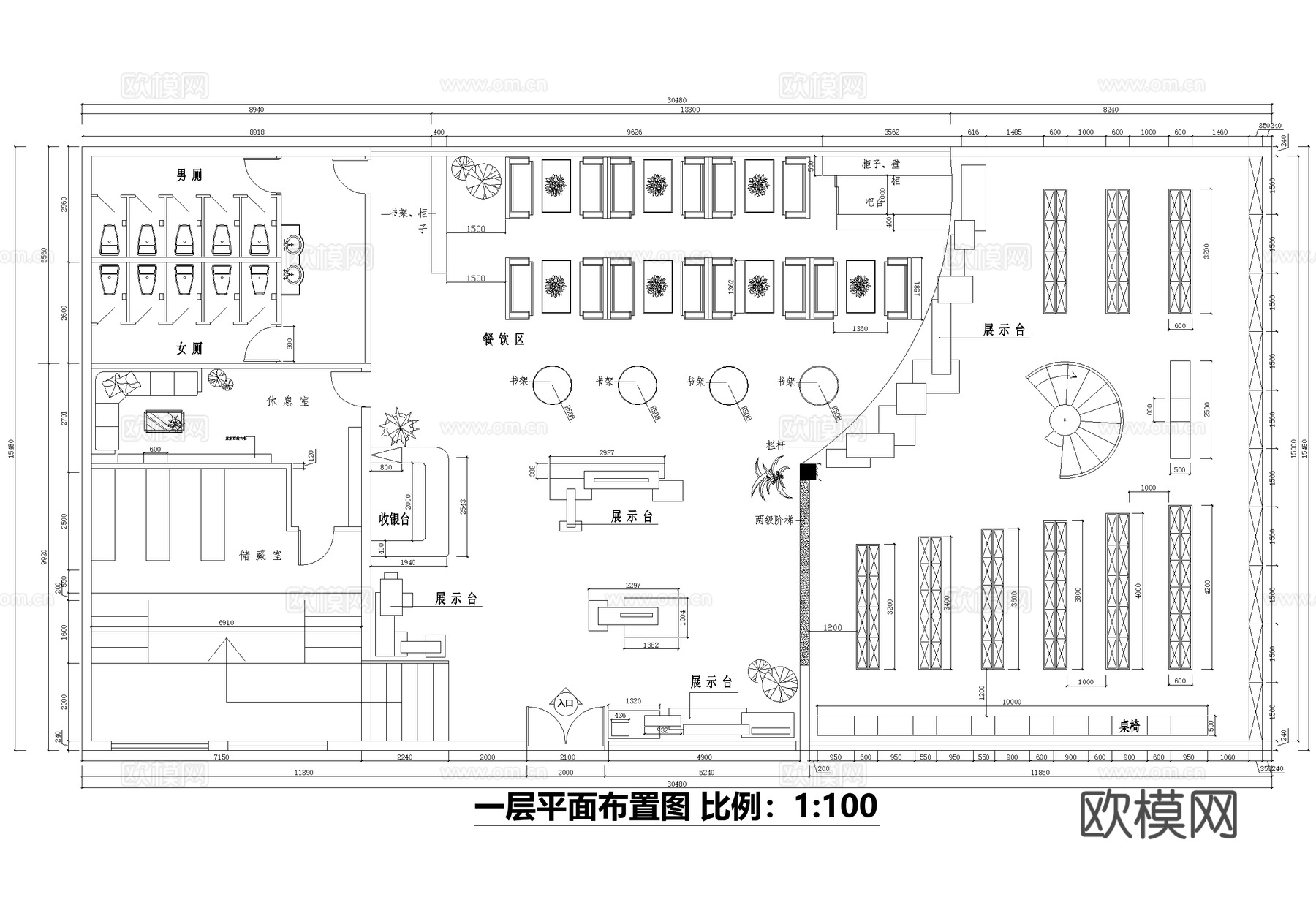 二层书吧书店平面图图书馆阅览室cad施工图