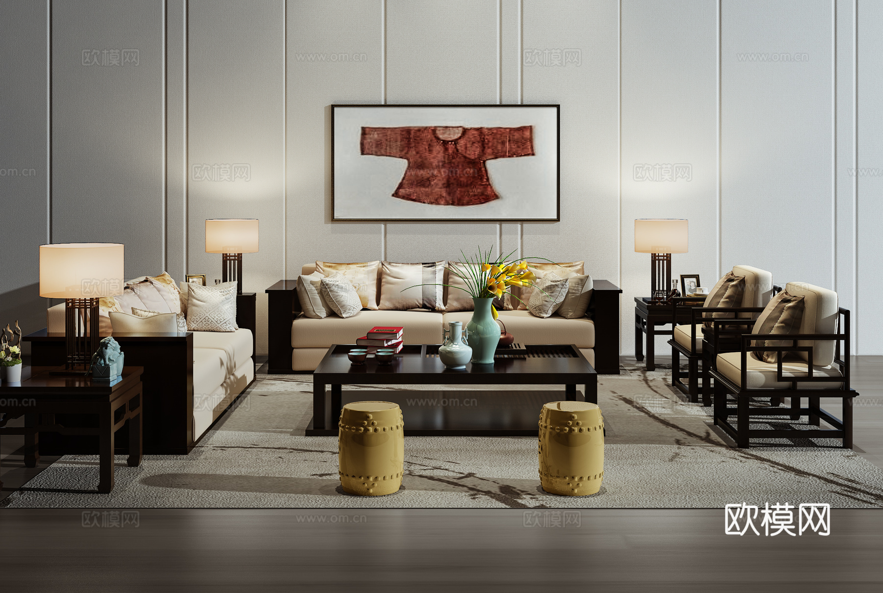 现代沙发茶几壁画组合3d模型下载（渲染图1）