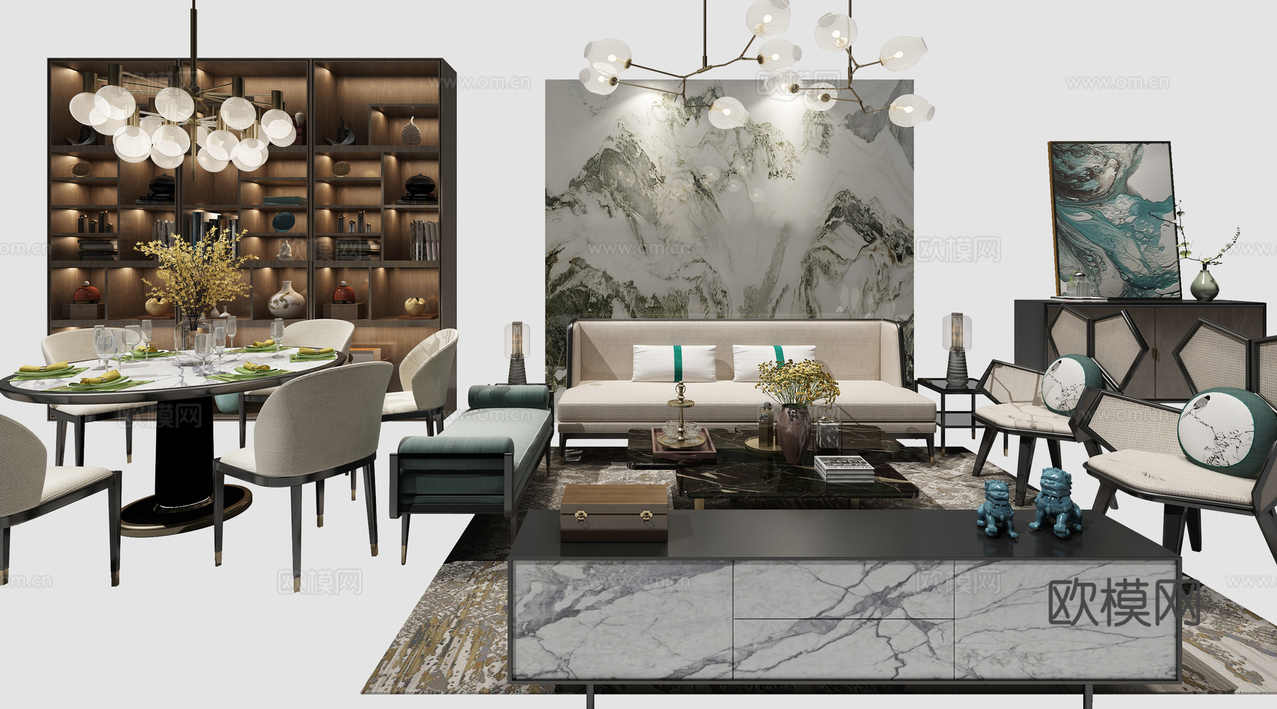 新中式沙发餐桌组合 沙发茶几 餐桌椅 挂画 物件摆件 吊3d模型下载（渲染图2）