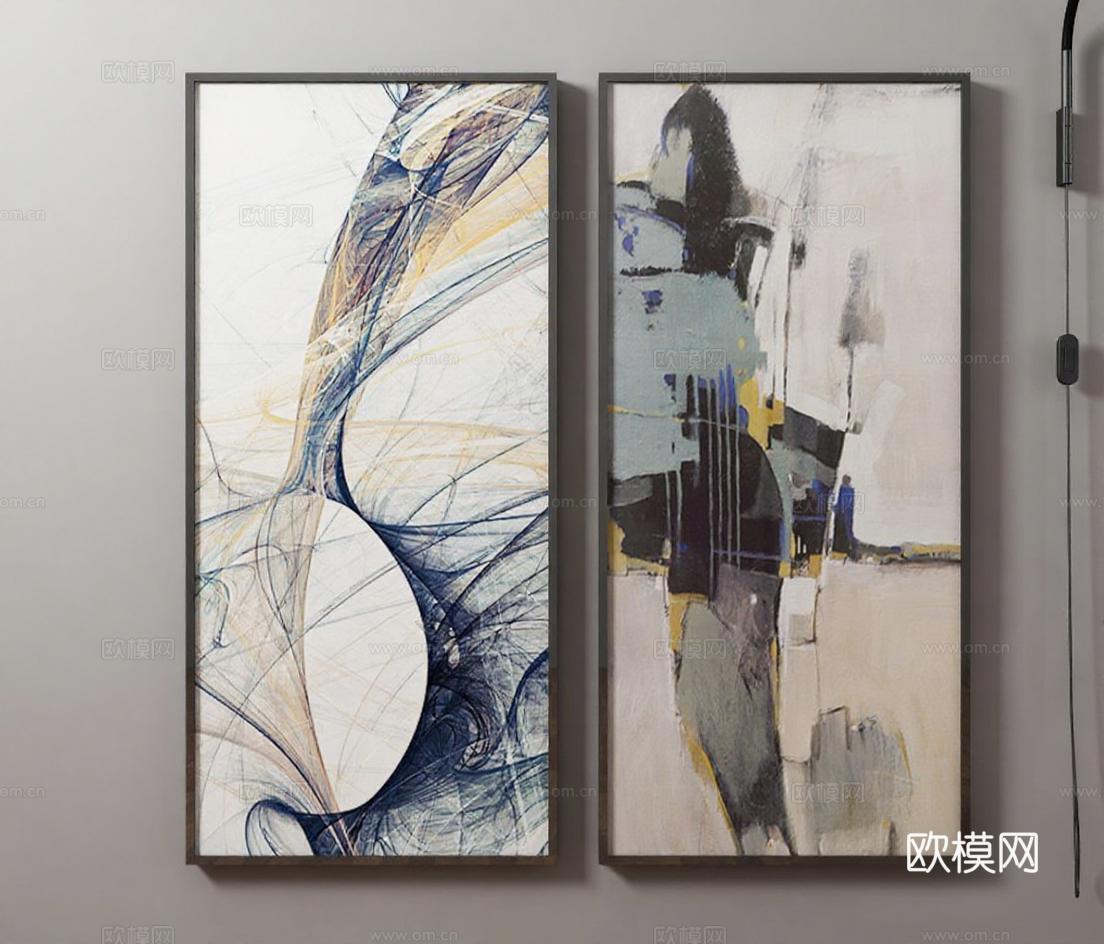现代抽象艺术客厅装饰画 双联拼接墙面挂画 简约室内设计装饰 深色木质画框艺术壁画免费3d模型