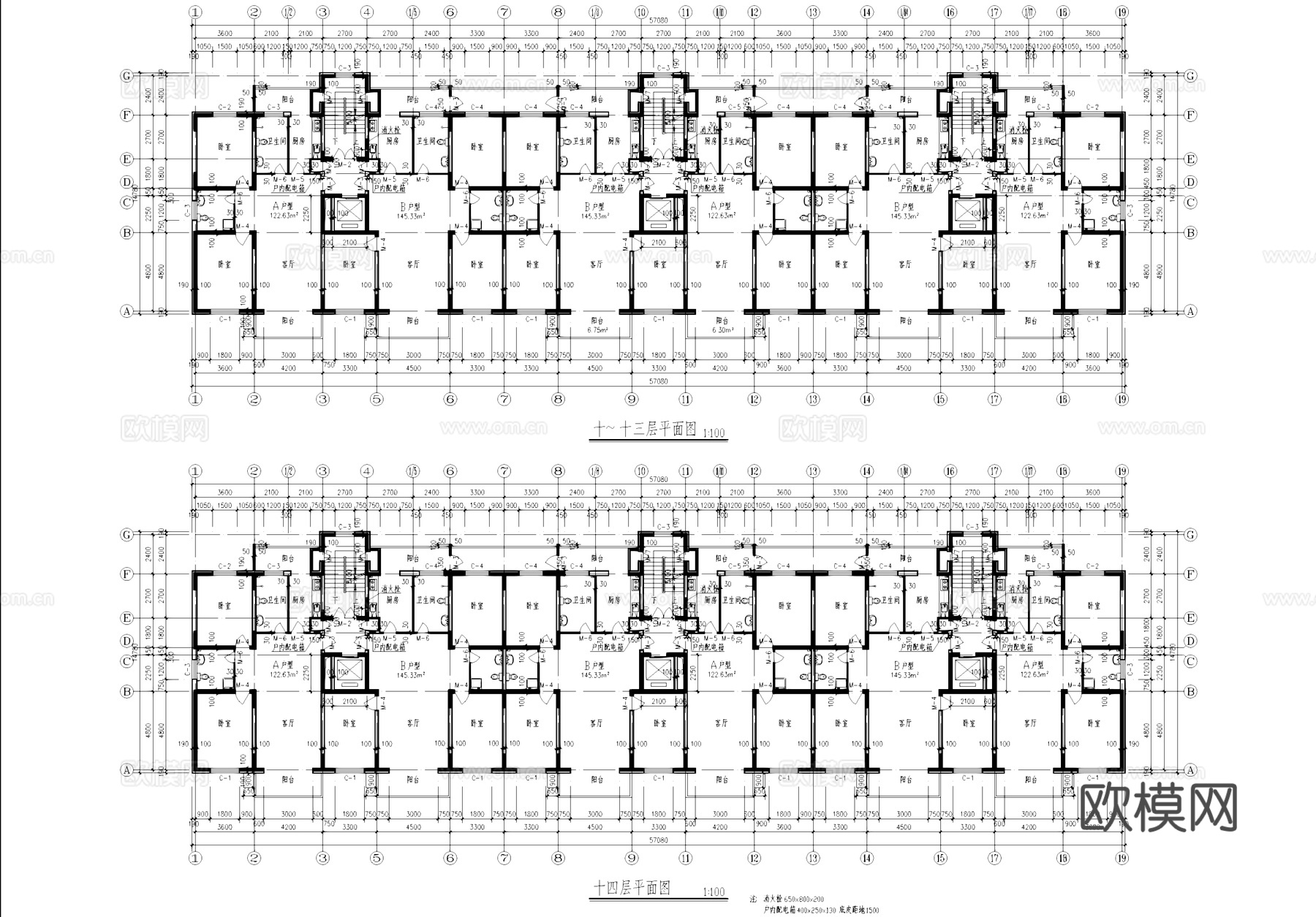 十四层一梯两户小高层住宅建筑CAD施工图cad施工图