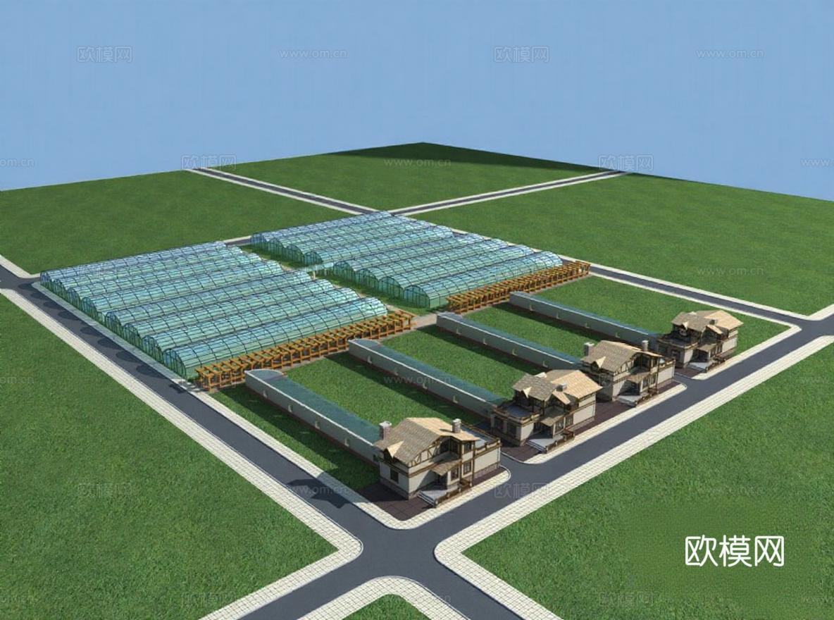 现代农业园区规划 温室大棚生态农场设计 3D建筑模型渲染图免费3d模型