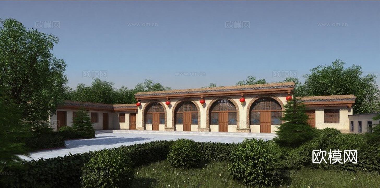 中式庭院乡村住宅建筑渲染图 文化建筑3D模型 对称设计瓦顶红灯笼园林景观免费3d模型