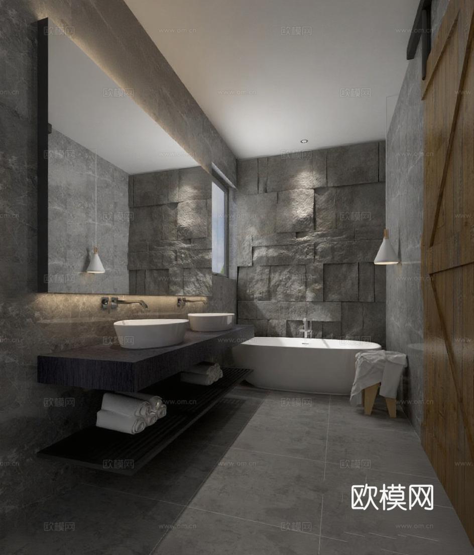 高端卫浴设计 现代浴室3D渲染效果图 灰色石材深色木质搭配 独立浴缸悬挂镜面 室内装潢灯光设计方案免费3d模型下载