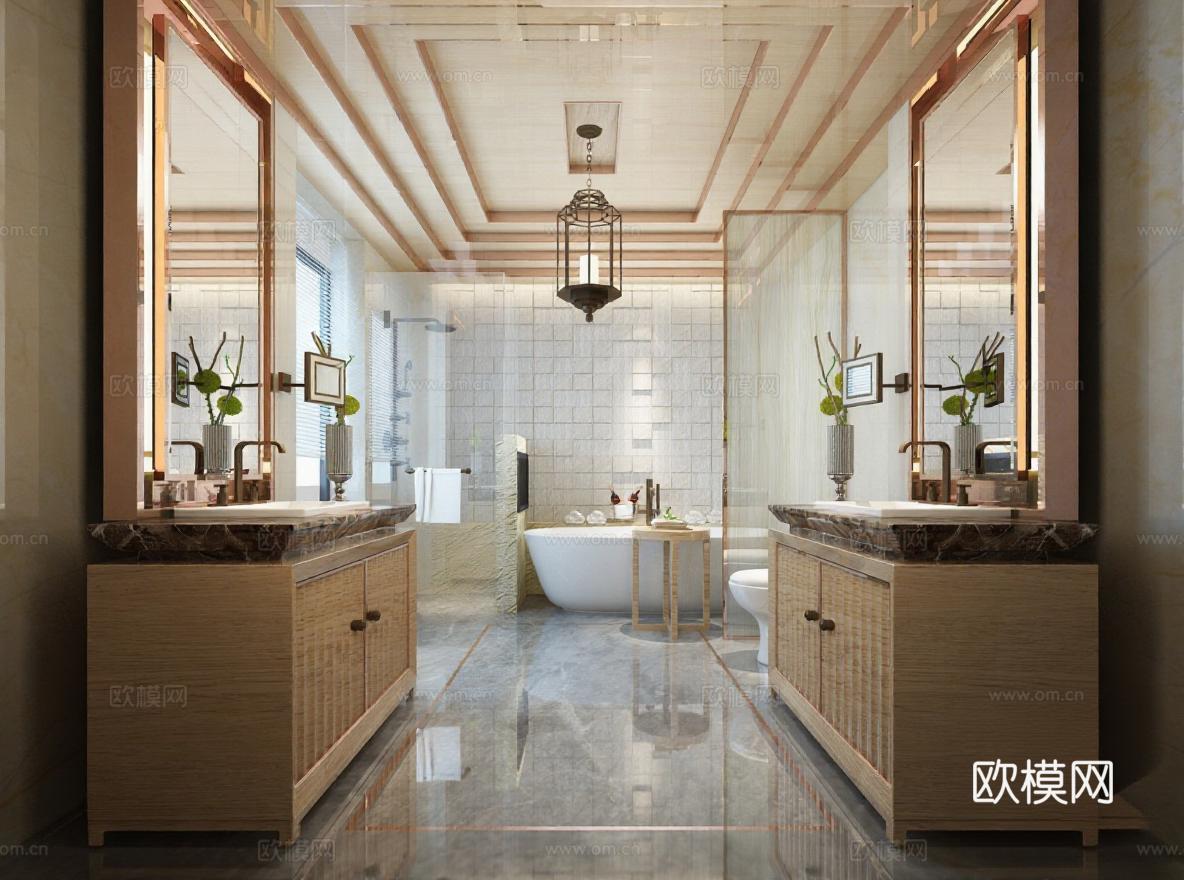 高端住宅浴室设计 轻奢卫浴空间效果图 新中式现代风格浴室装修案例免费3d模型下载