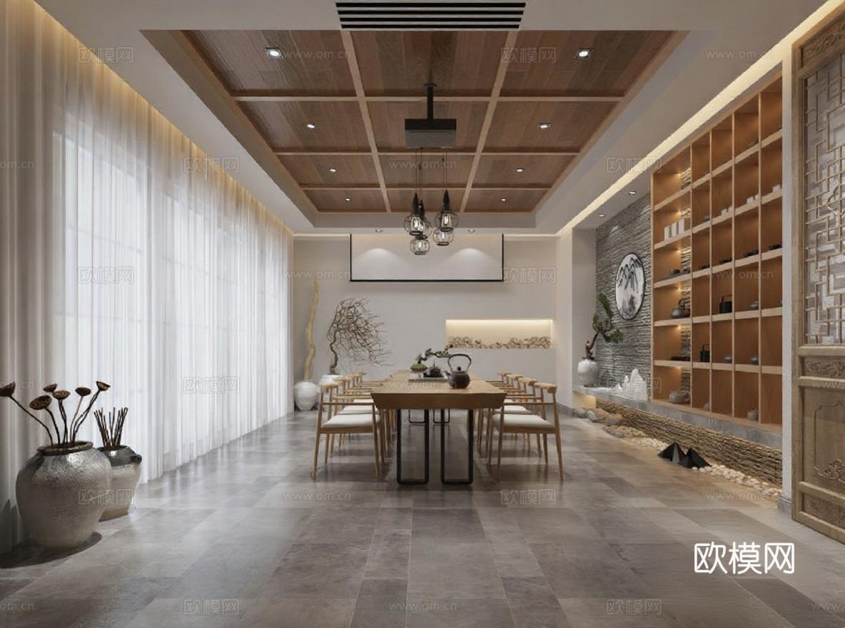 现代中式茶室设计 东方美学家居装饰灵感 3D渲染室内布局解析免费3d模型