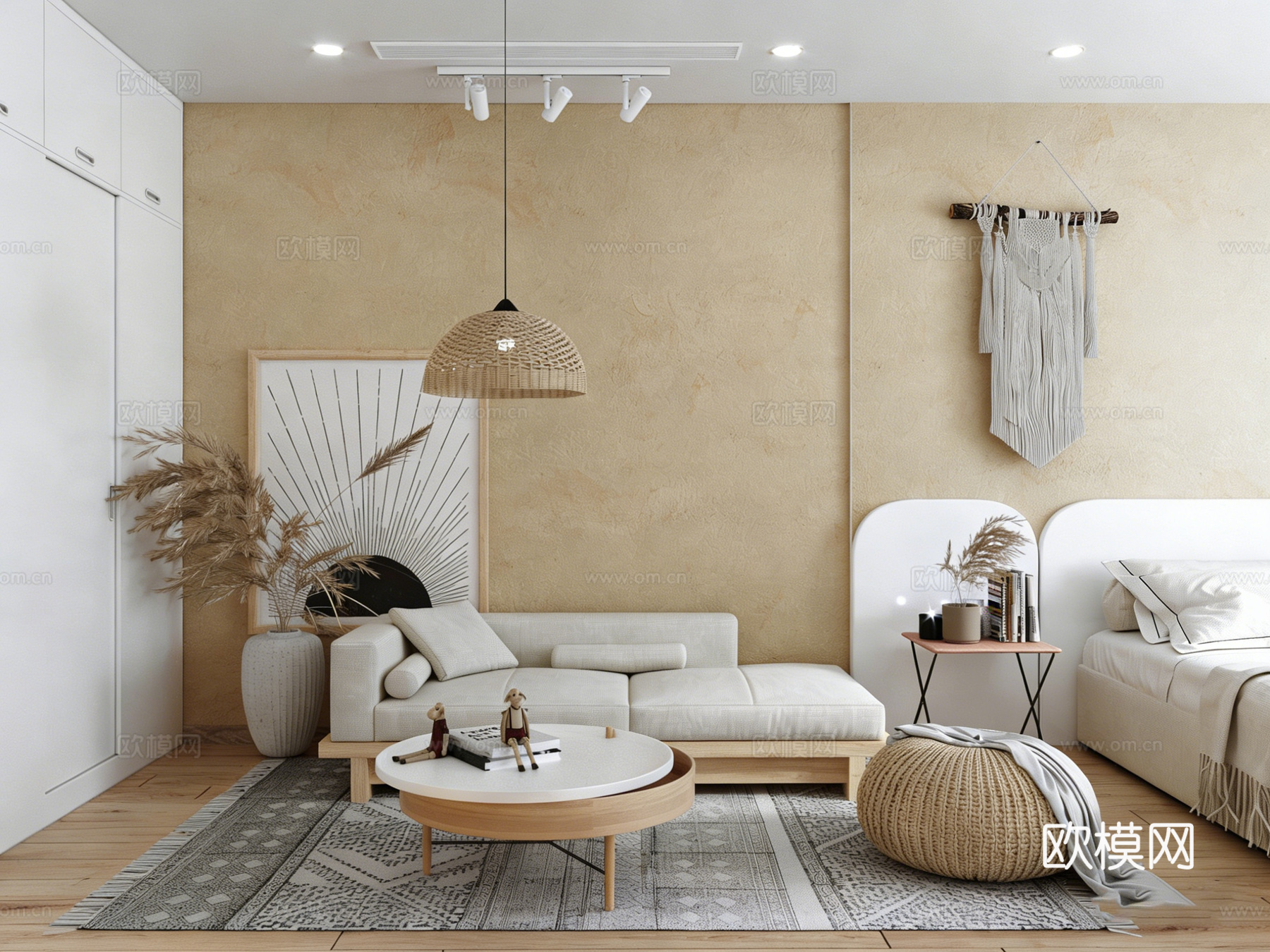 北欧简约风公寓 民宿出租屋 三室两厅 客餐厨卧 藤编家具3d模型下载（渲染图3）
