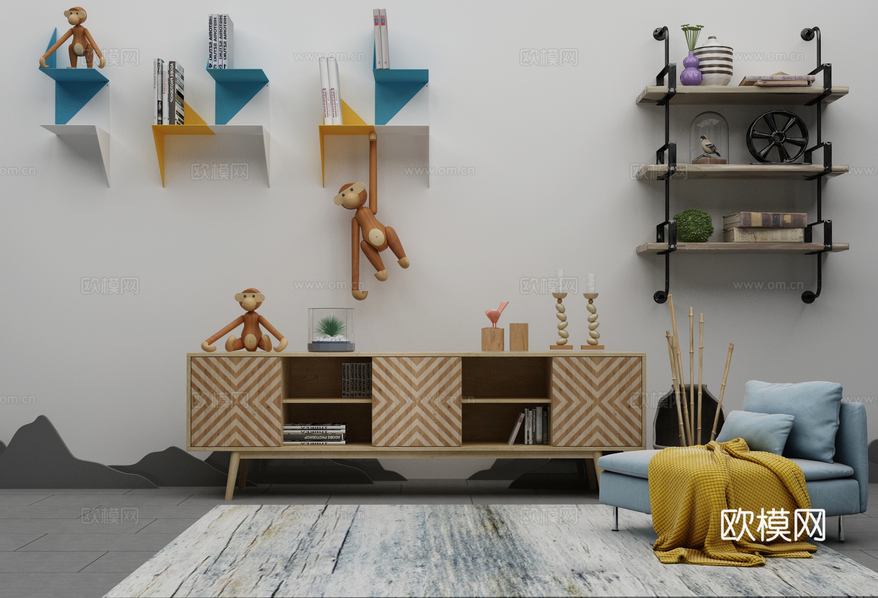北欧沙发茶几组合3d模型下载（渲染图1）