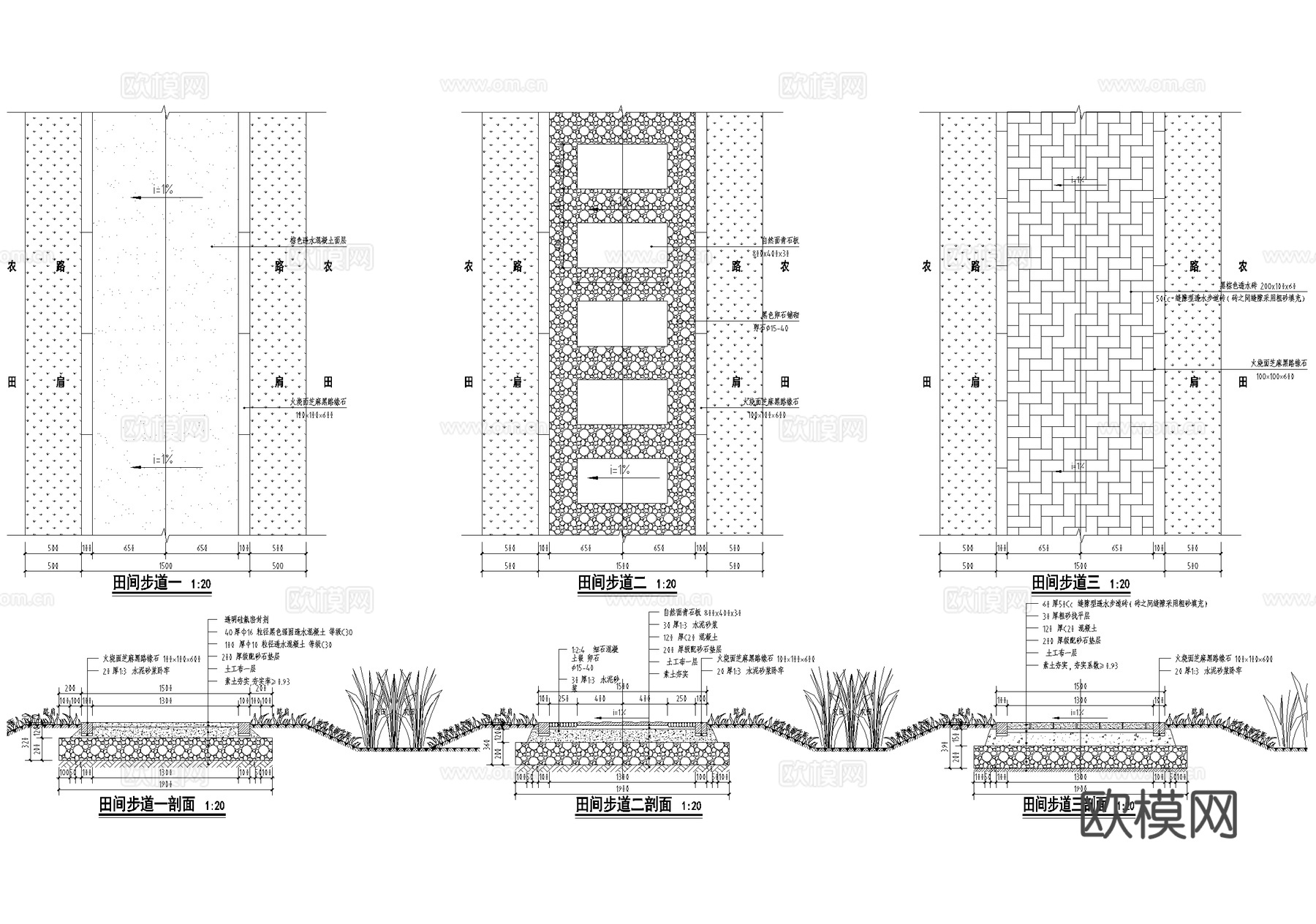 道路 混凝土路面 青石板卵石 透水砖 田间步道人行道 路沿石cad施工图
