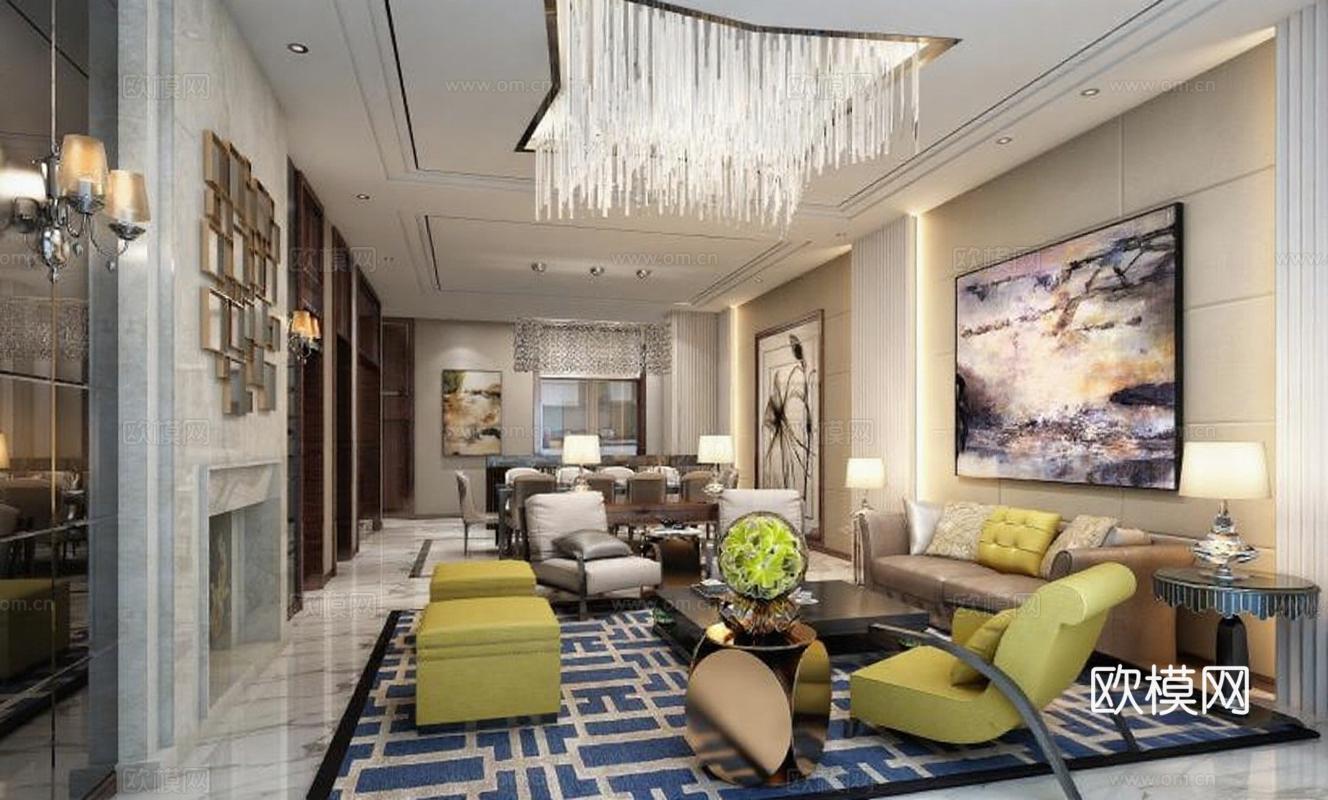 现代轻奢客厅设计 3D渲染效果图 大理石金属装饰艺术 高端住宅室内装修灵感免费3d模型下载