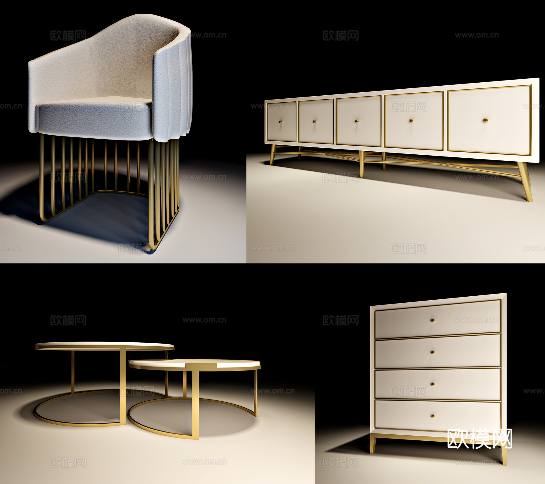 现代轻奢家具组合 单人沙发 端景台 电视柜 茶几3d模型下载（渲染图1）