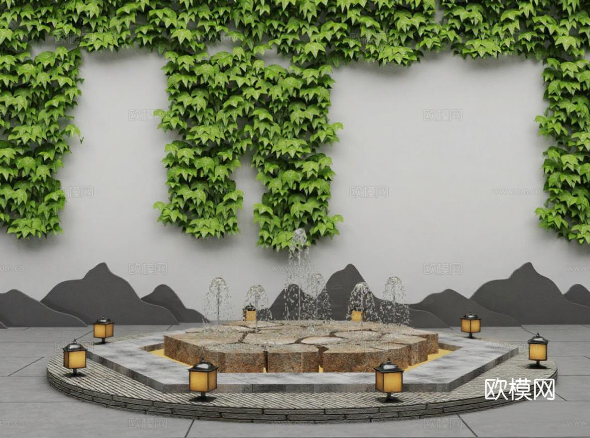 禅意庭院3D渲染设计 石质喷泉古典石灯笼景观模型免费3d模型下载