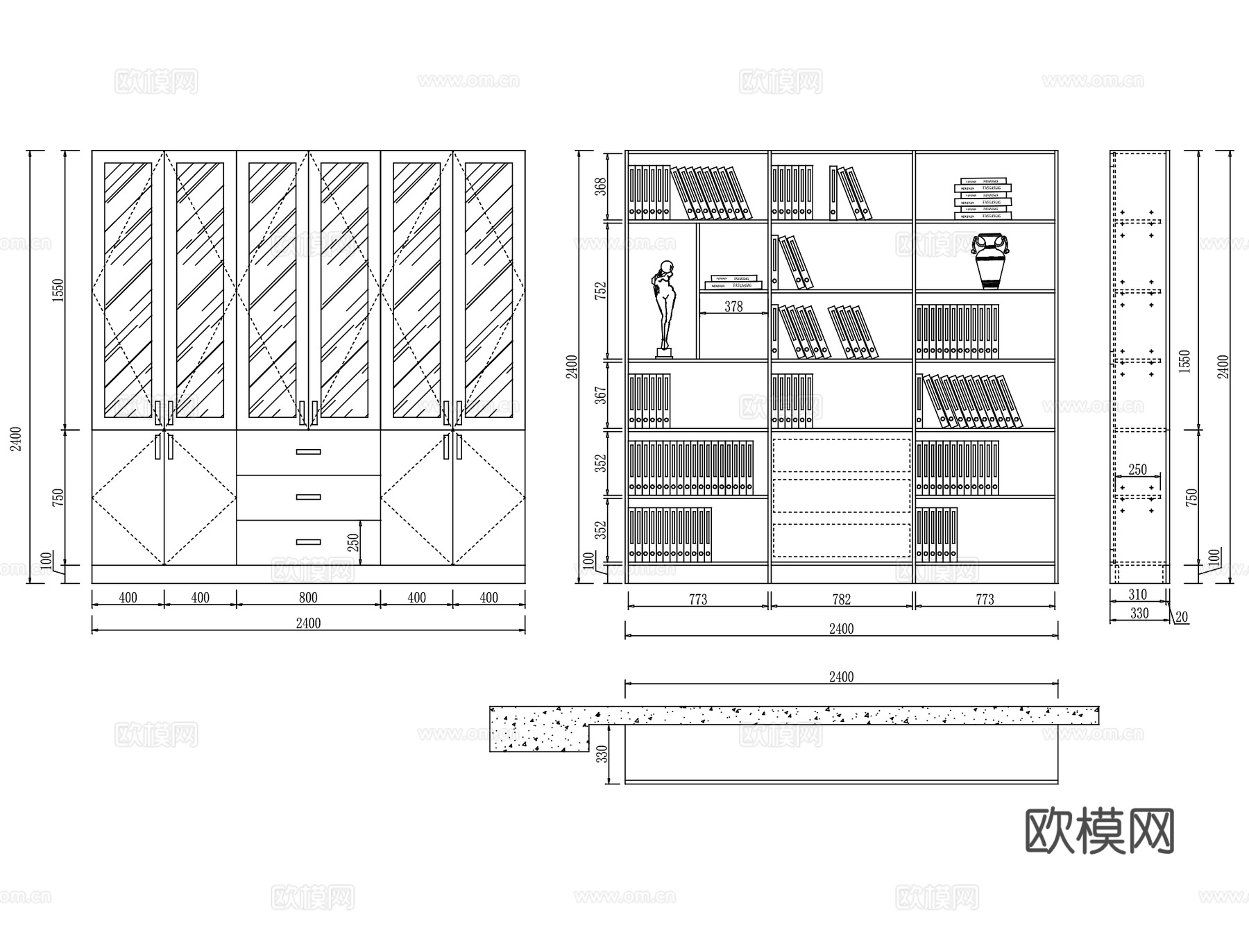 书房书柜书架室内家具节点大样CAD施工详图集 11套cad施工图