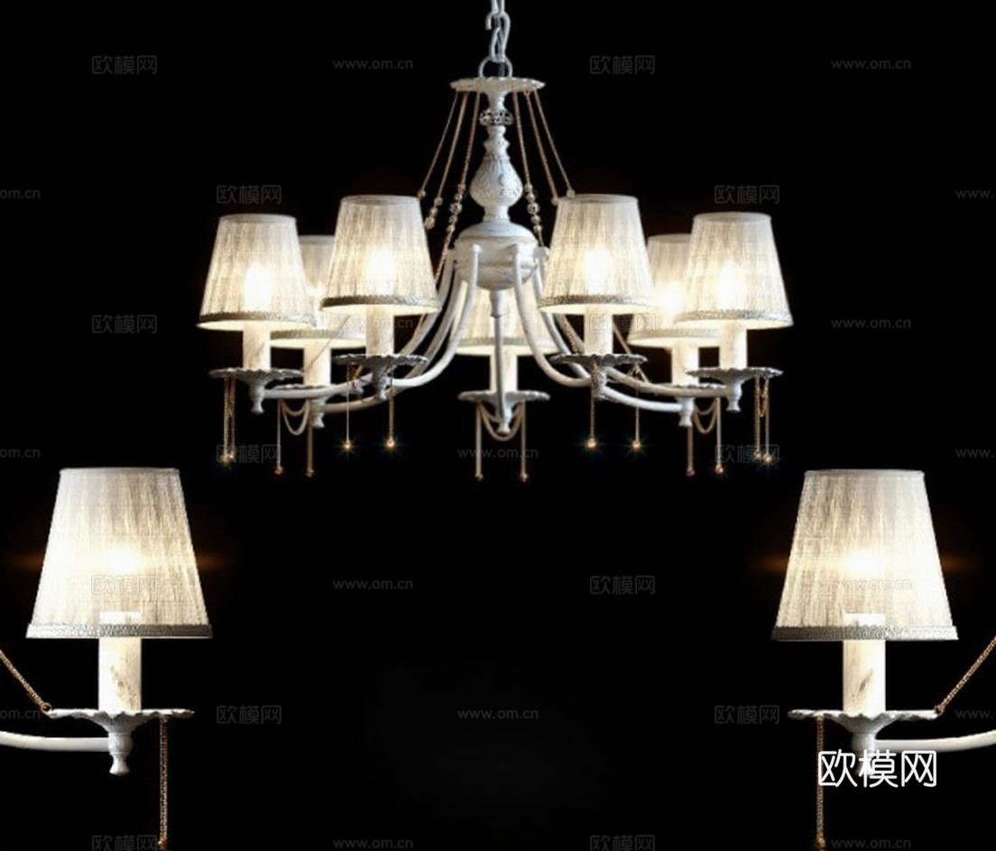 高端定制欧式古典吊灯 艺术灯具客厅别墅装饰 奢华金色珠串锥形灯罩免费3d模型