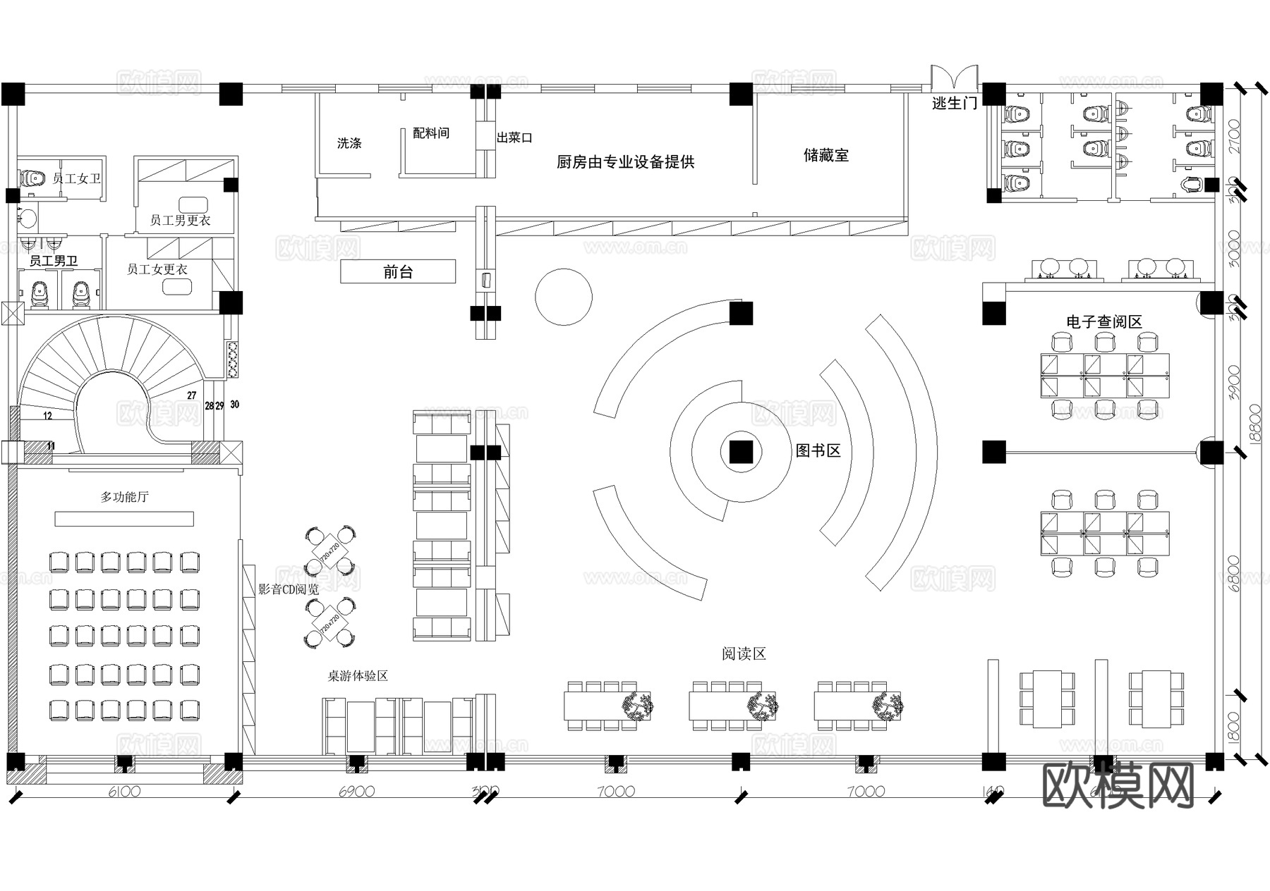 图书馆平面图阅览室多功能报告厅cad施工图