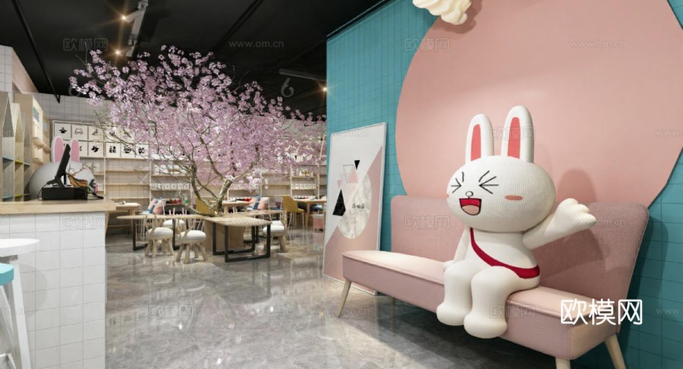 童趣日系主题餐厅设计 3D模型动漫周边 粉色沙发樱花树 温馨梦幻商业空间渲染免费3d模型