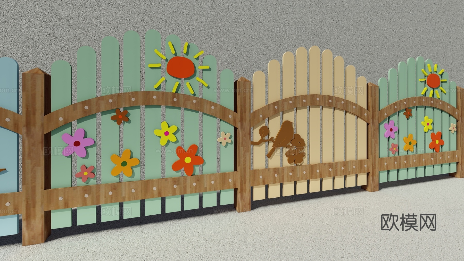 现代生态户外花园卡通木质栏杆动物围栏护栏彩色花朵儿童创意栅栏su模型