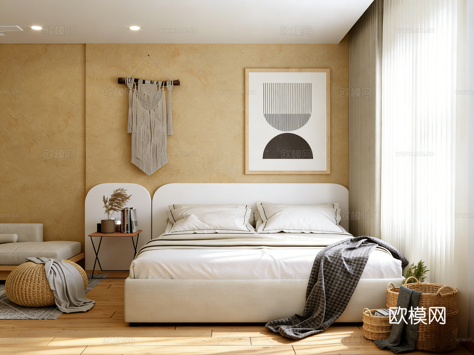 北欧简约风公寓 民宿出租屋 三室两厅 客餐厨卧 藤编家具3d模型下载（渲染图5）