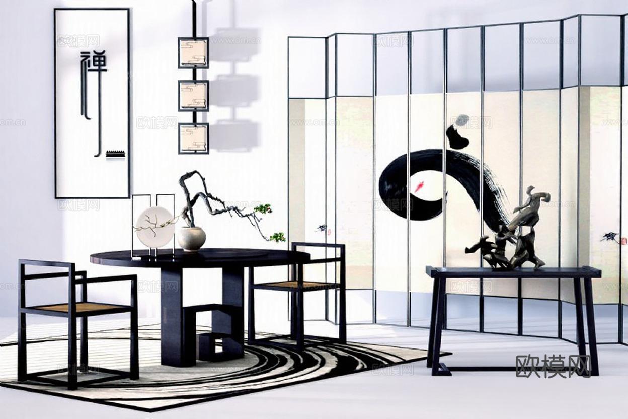 现代中式禅意空间设计 黑白调家居装饰灵感 艺术摆件与3D渲染效果展示免费3d模型下载