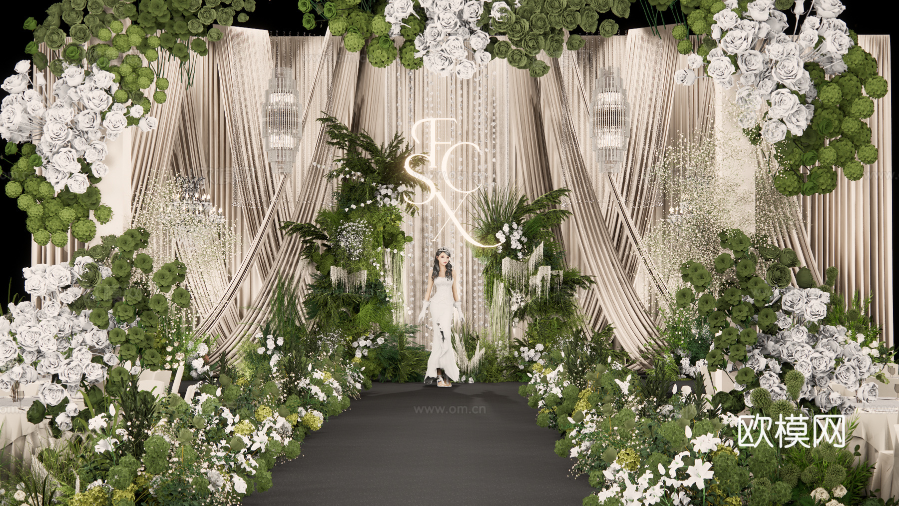 高层次香槟色布幔造型自然系婚礼美陈su模型