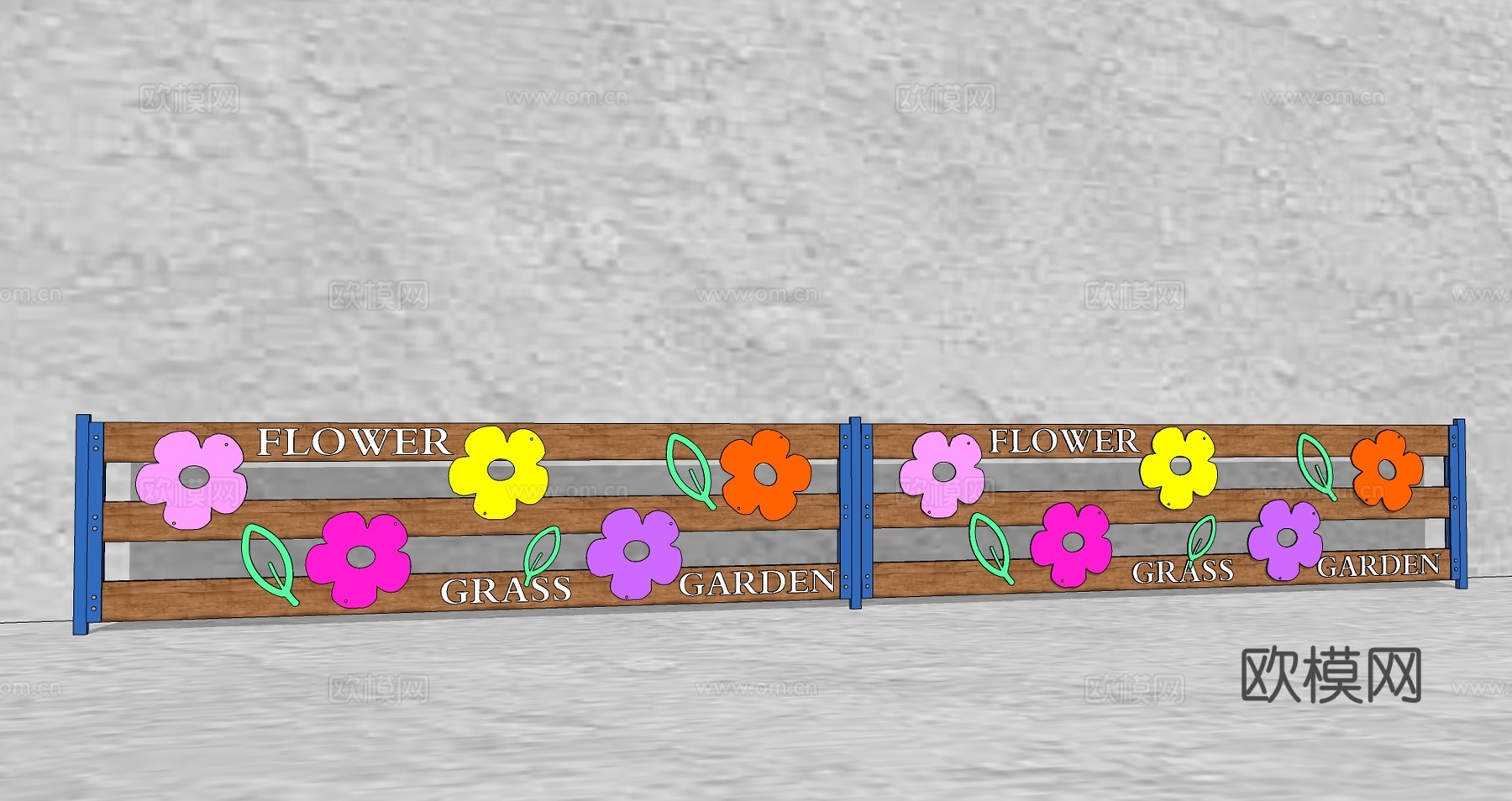 现代生态户外花园卡通木质栏杆动物围栏护栏彩色花朵儿童创意栅栏su模型